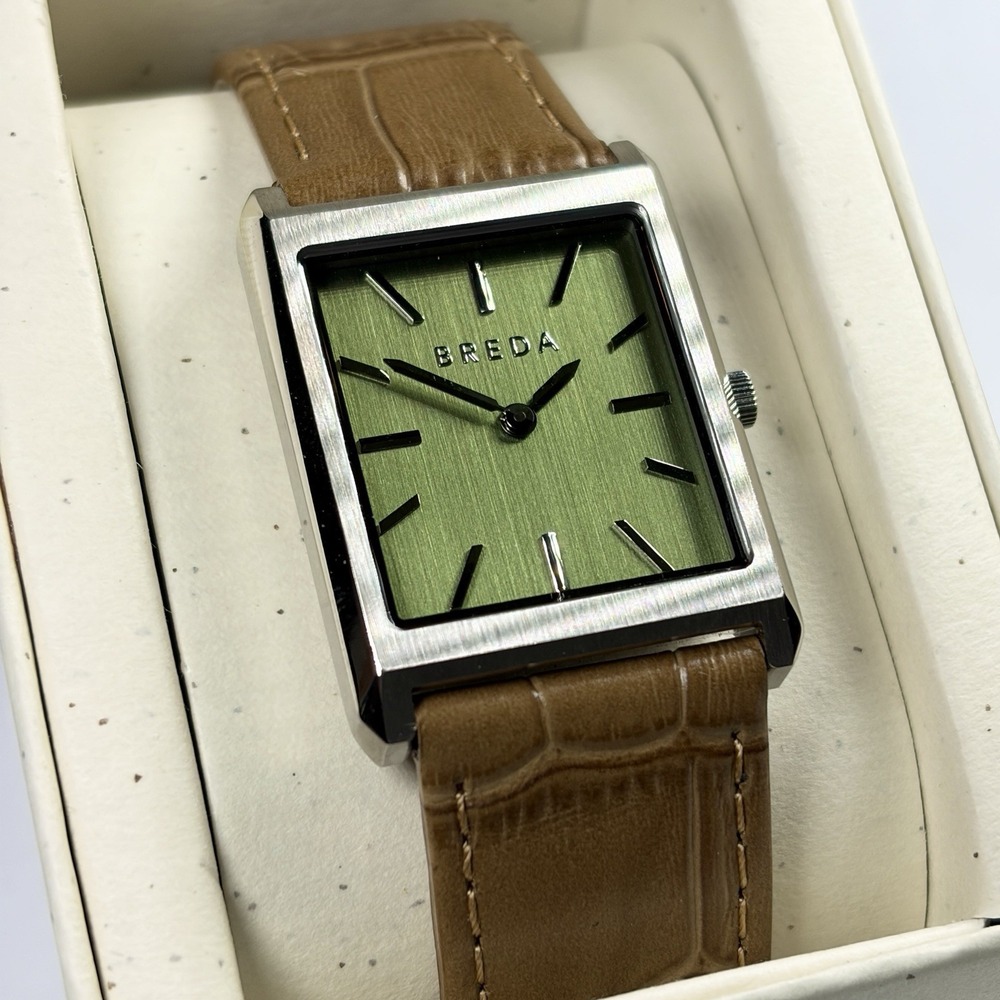 BREDA Virgil 1736j Rectangle Green Dial Brown Croc Leather Band Watch
